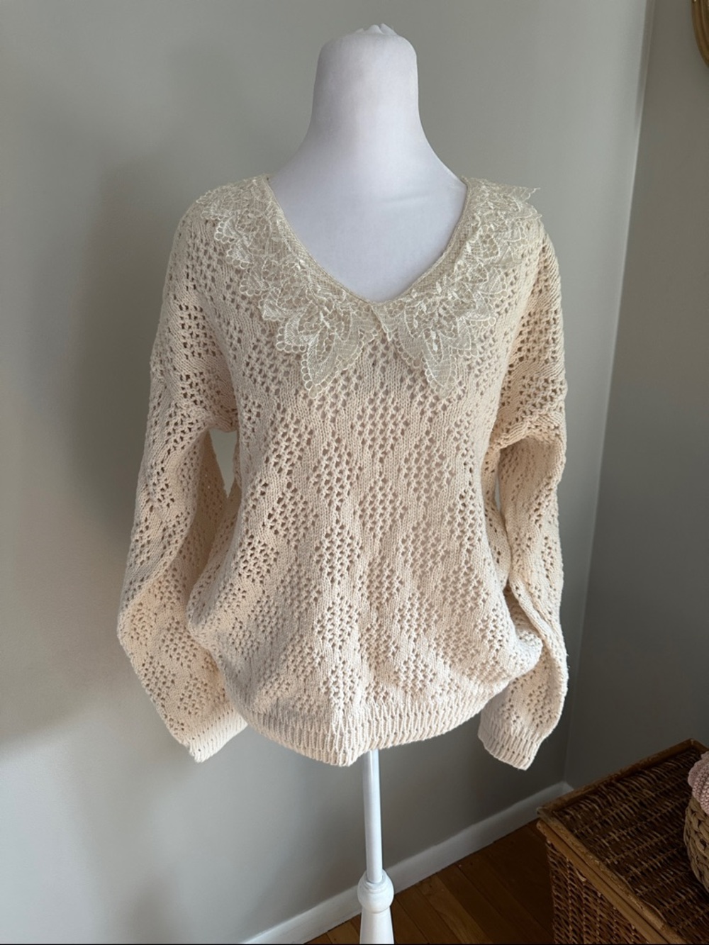 VINTAGE David Brett Lace-Trim Collar Open Knit V-Neck Sweater in Cream